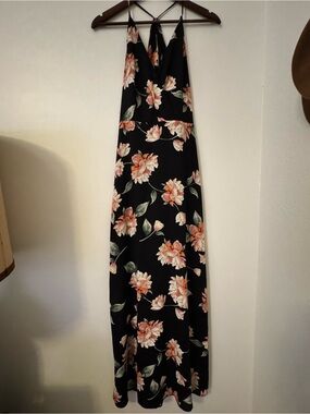 Lush Black Maxi Dress with Peach Floral Print